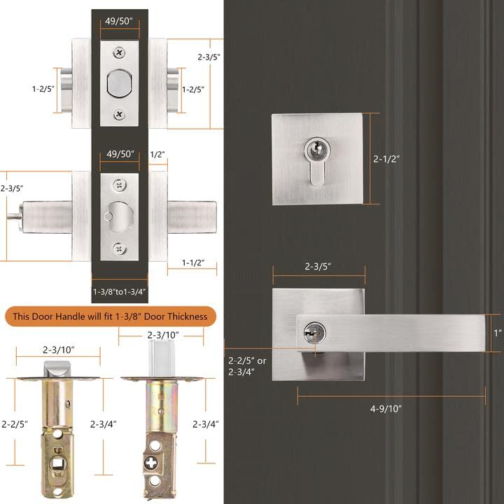 Probrico Square Entrance Lever with Double Cylinder Deadbolt Set Keyed Alike Combo Pack(for Office and Front Door), Heavy Duty Satin Nickel Entry Door Lockset for Right and Left Side, 1 Pack Brushed Nickel