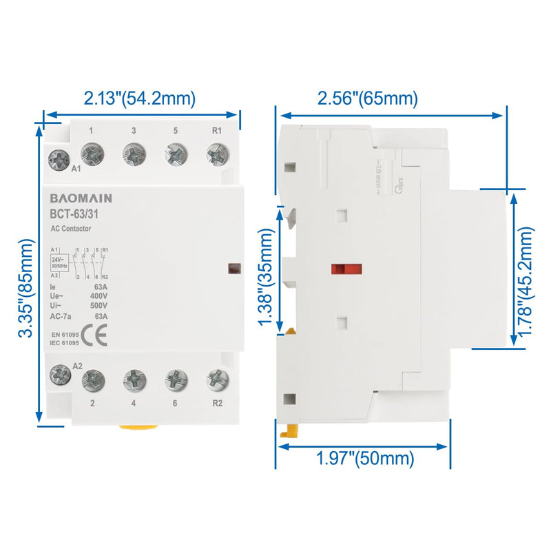 Baomain 24V AC 4-Pole Modular Contactor, 63A 3NO1NC Normally Open + Normally Closed, DIN Rail Mount for HVAC, Motor, Pump & Lighting Control BCT-63/31-24VAC 63 Amp. 24 VAC
