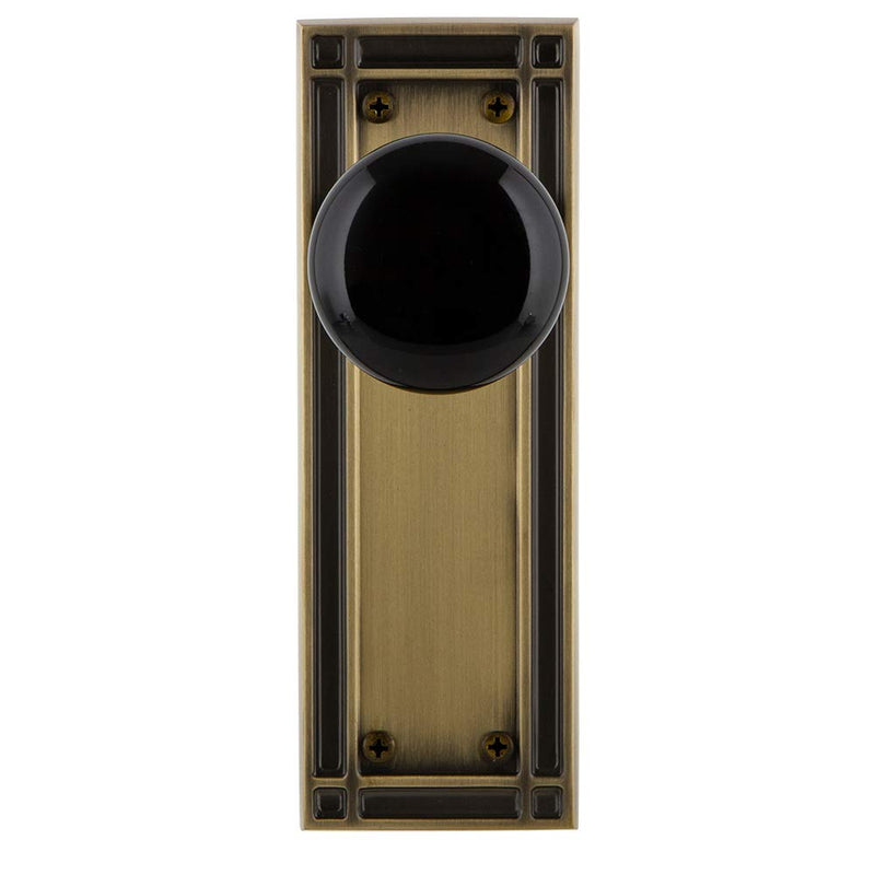 Nostalgic Warehouse Mission Plate with Black Porcelain Knob, Single Dummy, Antique Brass