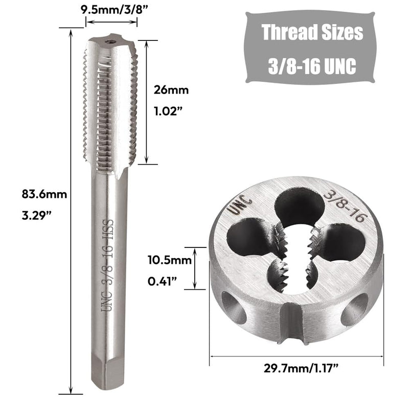 2pcs 3/8"-16 UNC Tap and Die Set, 3/8 x 16 UNC HSS Threading Tap Die Set, Straight Flute Machine Tap Alloy Tool Steel Round Thread Die Right Hand, Screw Tapping Threading Tool 3/8-16 UNC
