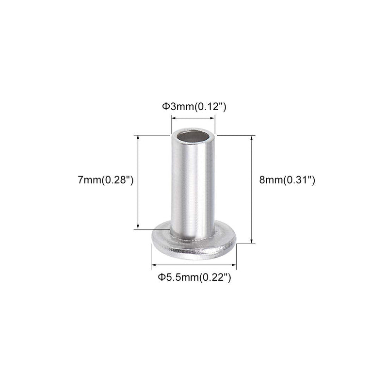 uxcell 100 Pcs 3mm x 7mm Aluminum Flat Head Semi-Tubular Rivets Silver Tone M3 x 7mm