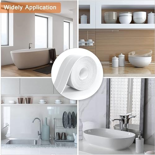 10.5 ft Caulk Tape Waterproof Self Adhesive with Sealing Tool, Bathroom Sealant White, Wall Tape Silicone Sealant Caulking Tape Peel and Stick Caulk (1 Pcs) White (A)