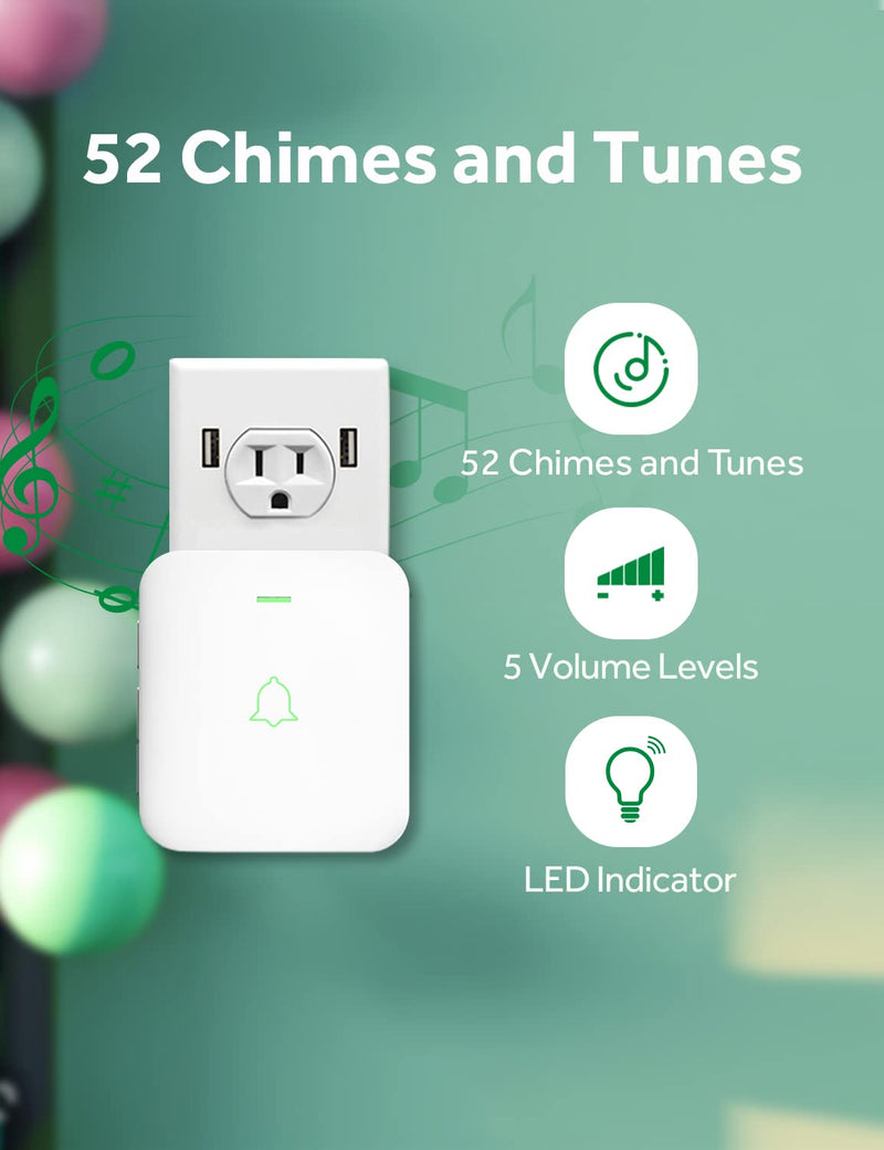 AVANTEK Wireless Door Bell, CW-12 Mini Waterproof Doorbell Chime Operating at 1000 Feet with 52 Melodies, 5 Volume Levels & LED Flash 2 Receivers White