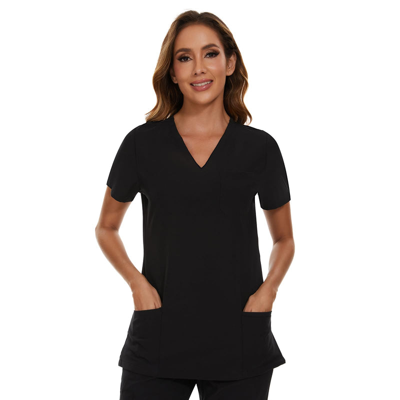 COZYFIT Scrub Tops for Woman - Soft Stretch, V-Neck Top Scrubs with 3 Pockets, Easy Care for Women Black Large