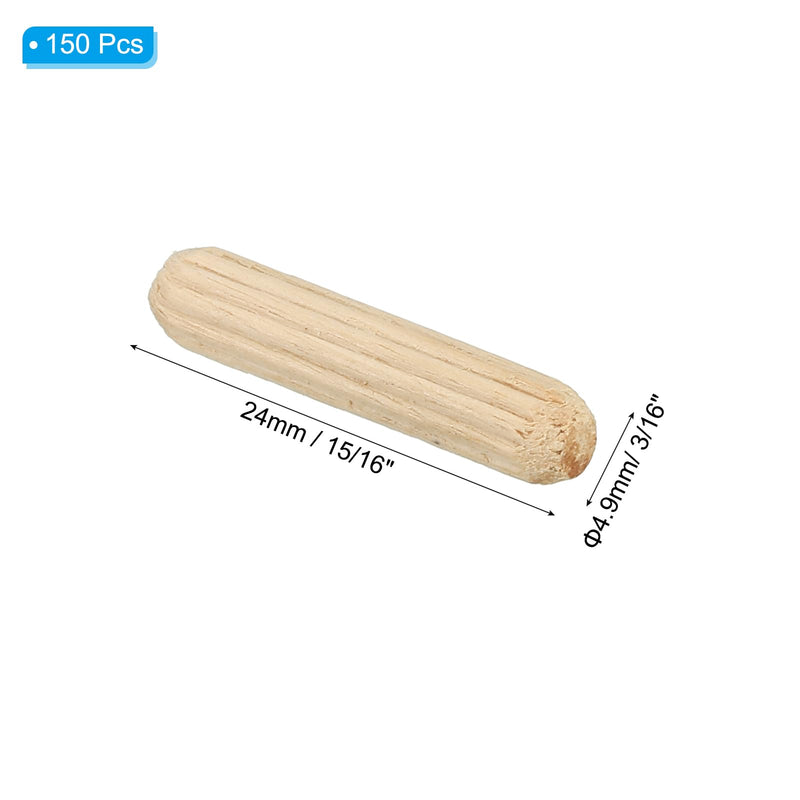 PATIKIL 3/16" x 31/32"(5 x 25mm) Wood Dowel Pins, 150 Pack Fluted Wooden Dowel Pin Straight Groove Rods for Furniture Door Art Crafts Projects 3/16" x 31/32"