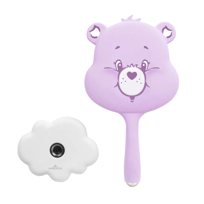 Impressions Vanity Care Bears Share Bear LED Handheld Makeup Mirror for Desk, Lighted Travel Makeup Mirror with Detachable Standing Base, Ultra Bright Adjustable Lighting and Figural Shaped (Purple) Purple