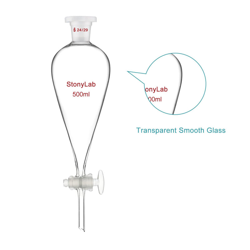 stonylab Separatory Funnel with Glass Stopcock Valve, Borosilicate Glass 24/29 Joint Funnel for Laboratory Accurate Liquid Separation, 500 ml 500.0 milliliters Round 1 Sep-Funnel-GlassStopcock-24/29-500ml