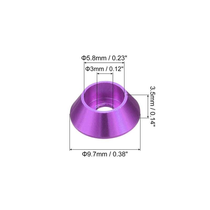 uxcell M3 Cone Cup Countersunk Washers, 20 Pcs Anodized Aluminum Gaskets Cup Head Washer Gasket, Cup Screw Counterbore Gasket for Mechanical Accessories Parts, Purple