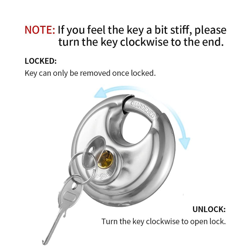 Keyed Alike Discus Padlock, Stainless Steel Storage Unit Lock,2-3/4 in.Wide,3/8 in. Diameter Shackle, Disc Locks for Sheds, Garages and Fence，2Pack 2PACK KA