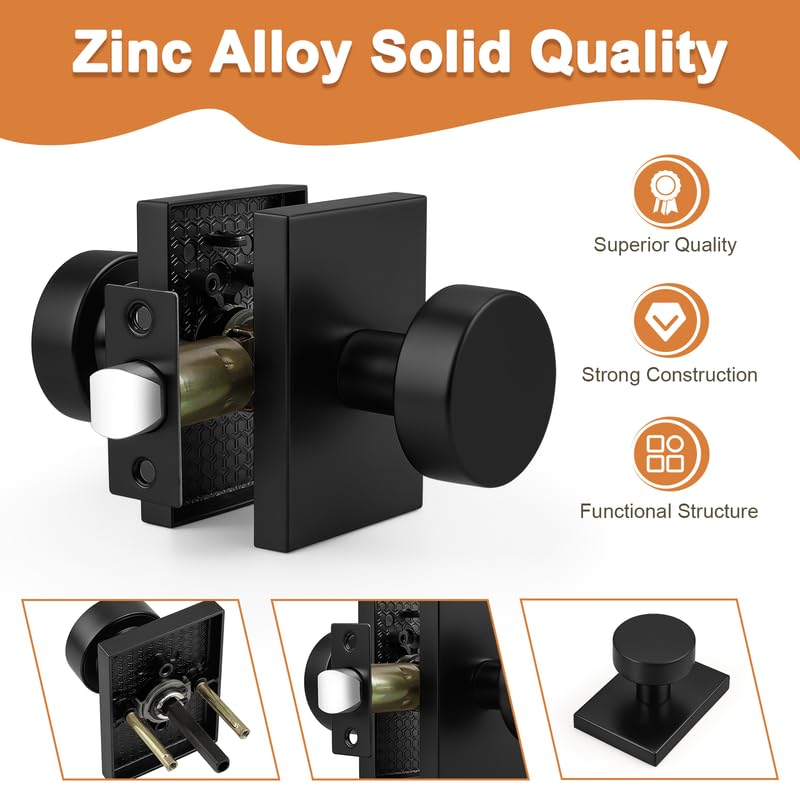 Probrico Black Door Knob Interior, Closet Door Knob Square Rose, Passage Door Handle, 1 Pack