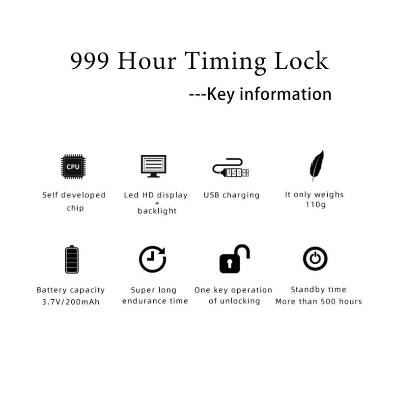 999 Hour Metal Timer Lock, Max Timing Over 1 Month with LCD Display Multi-Function Electronic Time, USB Rechargeable Timer Padlock for Kitchen Cabinets, Phones, Snack, Liquor, Game Consoles (Black)