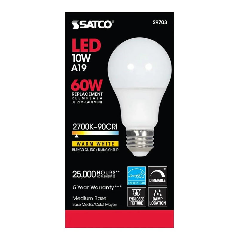 Satco S9703 10W A19 LED Light Bulb, 2700K Warm White, 800 Lumens, 90+ CRI, Frosted, 220° Beam Spread, Medium E26 Base, Dimmable, 120V, 25,000 Hr, Enclosed Fixture Rated, Energy Saving (6 Pack)