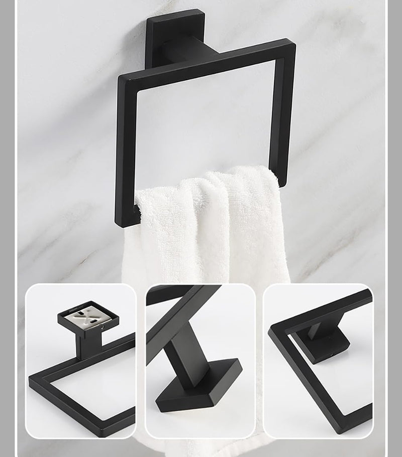 2 Pcs Square Towel Rings Black Hand Towel Holder Wall Mounted Hand Towel Rack Stainless Steel Kitchen Towel Holder Hand Towel Bar Bathroom Accessories for Towel Storage (Matte Black)