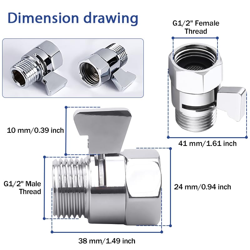 Shower Head shutoff Valve,100% Solid Brass shutoff Valve for shower head,Water Flow Control Valve,Water Pressure Regulator G1/2 G1/2 Chrome
