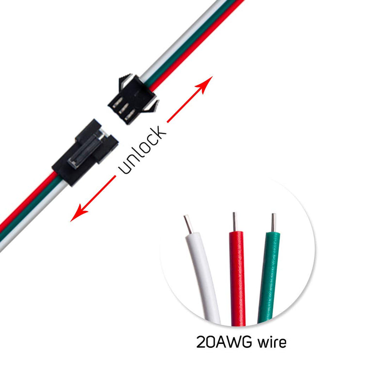 BTF-LIGHTING 5 Pcs/Pack 20AWG 3 Pin JST SM Male Female Plug LED Connector 6.56FT/2m Extension Cable for WS2812B WS2811 WS2814 SK6812 FCOB RGB CCT LED Strip Lights Solderless Controller Wire 6.56FT (2M)