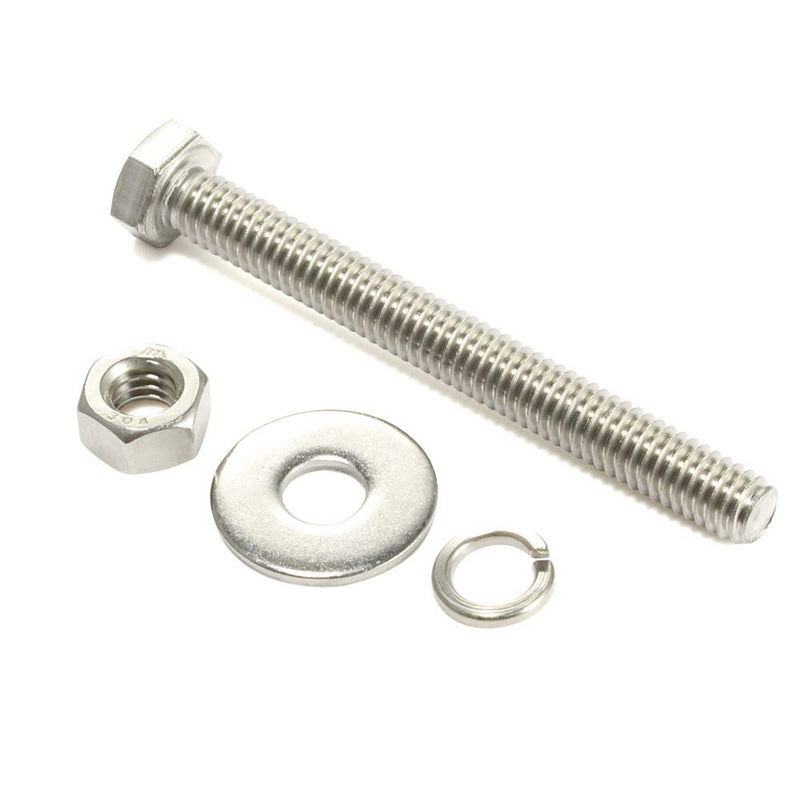 1/4-20 x 3-1/2" Hex Head Bolts with Hex Nuts and Thick Flat & Lock Washers, Fully Threaded, Stainless Steel 18-8, Plain Finish, 8 Sets 1/4-20 x 3-1/2"