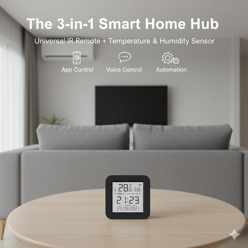 Universal WiFi IR Blaster Hub with Temp & Humidity Monitor (IR Only - No RF Blinds/Garages) - Smart Home Automation for AC, TV & Audio - Compatible with Smart Life Tuya Alexa Google
