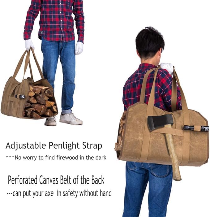 Firewood Carrier, Waxed Canvas Bag, Heavy Duty Tote Bag for Logs