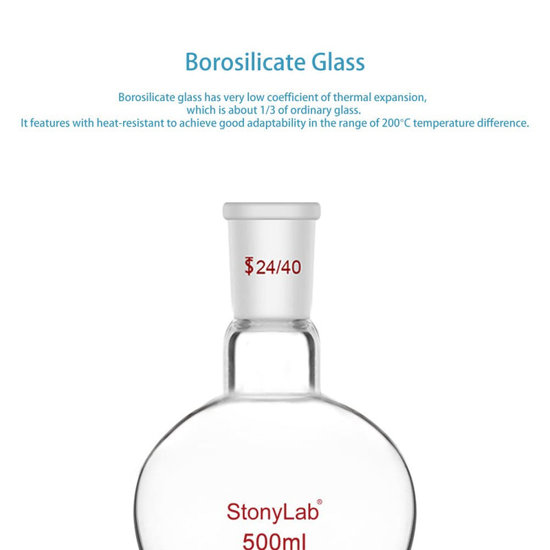 stonylab Recovery Flask Heavy Wall Single Neck Borosilicate Glass with 24/40 Standard Taper Outer Joint Pear Shaped, 500 ml