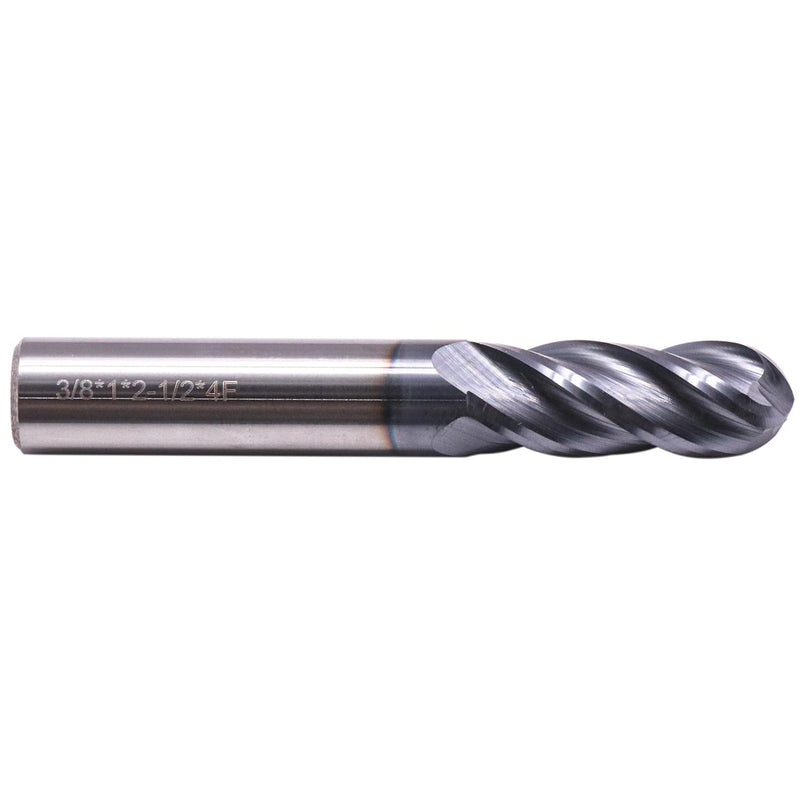 3/8" 4 Flute Variable Helix Ball Nose Solid Carbide End Mill - AlTiN Coated | Variable Geometry, 3/8" Cutting Diameter, 3/8" Shank Diameter, 1" Length of Cut, 2-1/2" Overal Length