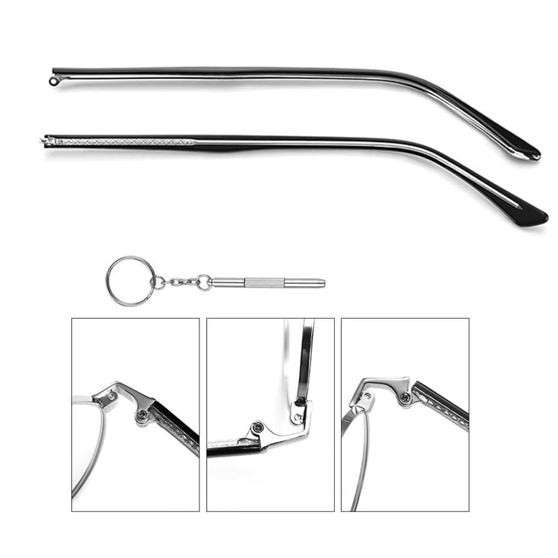 1 Pair Metal Glasses Replacement Arms Glasses Replacement Temple Black Eyeglasses Arms Legs, Screws, Screw Washers and 3-in-1 Screwdriver Convex Teeth Single Teeth Black Metal Frame Arms