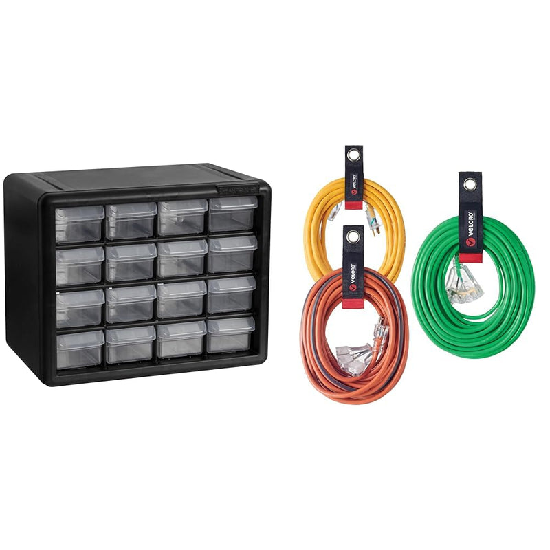 Akro-Mils 10116, 16 Drawer Plastic Parts Storage Hardware and Craft Cabinet, 10-1/2-Inch & VELCRO Brand Easy Hang Extension Cord Holder Organizer Variety Pack | Holds 60-100lbs