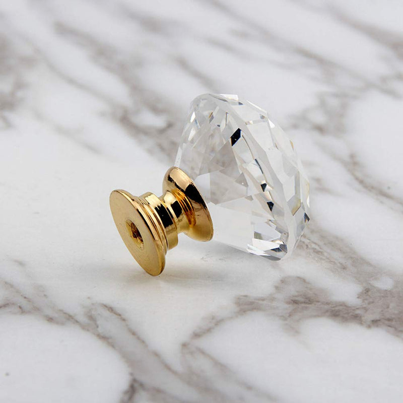 5 Pack Crystal Glass Cabinet Knobs - 30mm Clear Diamond Shape Decorative Gold Base Pulls Handles for Drawer Dresser Kitchen Cabinets Wardrobe Bathroom Vanity Desk (Gold) 5 Pack (Gold)