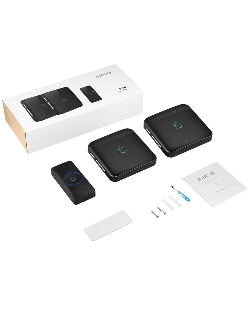 AVANTEK Wireless Doorbell, D-3B Waterproof Door Chime Kit Operating at over 1300 Feet with 2 Plug-In Receivers, 52 Melodies, CD Quality Sound and LED Flash Black