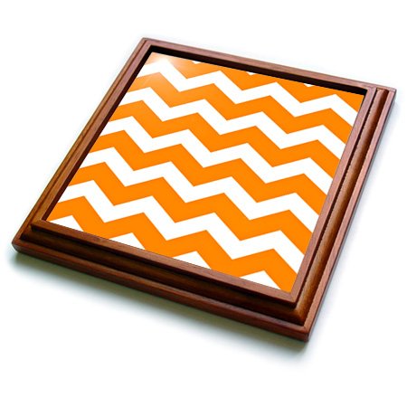 3dRose Bold Orange & White Zig Zag Chevron Pattern Bright Zigzags Trivet with Ceramic Tile, 8 by 8", Brown