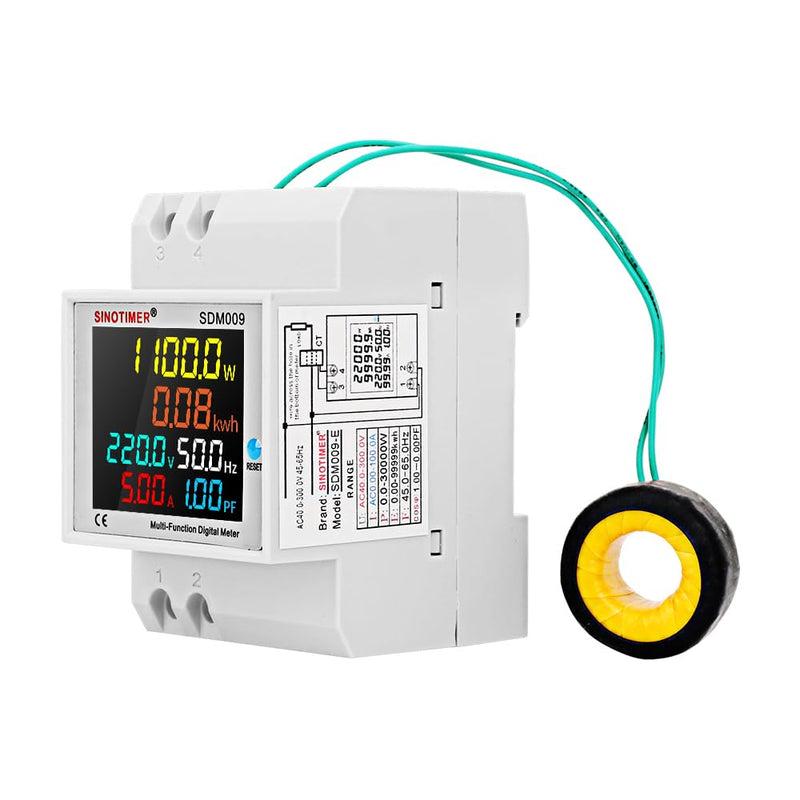 6 in 1 Single Phase Energy Meter Din Rail Electricity Usage Monitor AC 40-300V 100A Voltmeter Ammeter Watt kWh Frequency Power Meter External CT 110V
