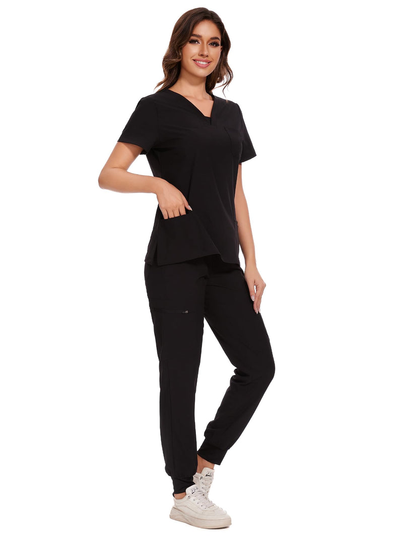 COZYFIT Scrubs for Women - V-Neck Top & Cargo Pants Scrubs Set with 10 Pockets Black Medium