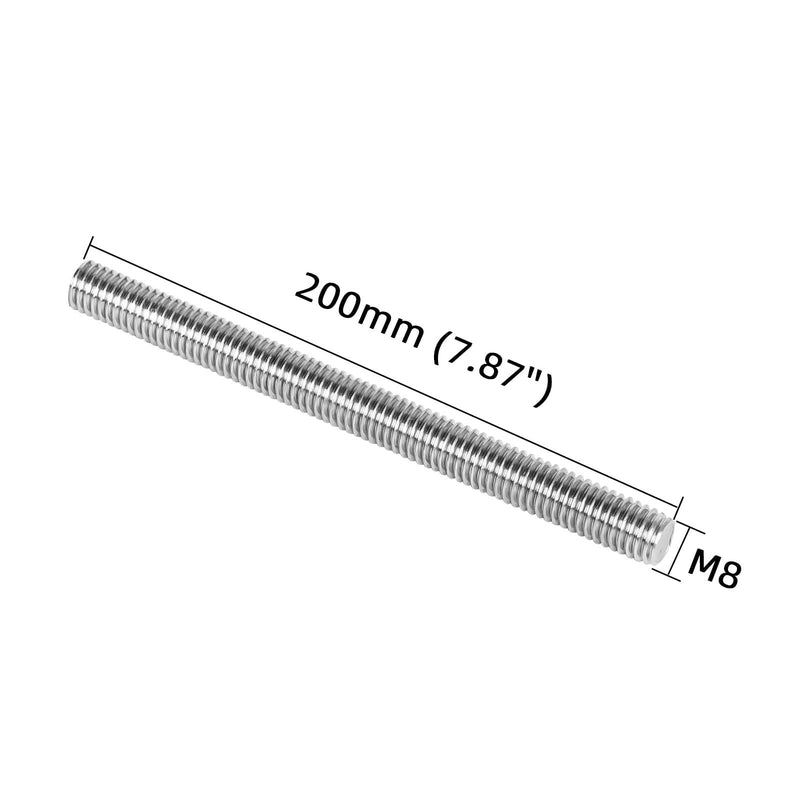 M8-1.25 x 200mm Fully Threaded Rod, Long Threaded Screw, 304 Stainless Steel 18-8, Right Hand Threads, 2 PCS M8 x 200mm