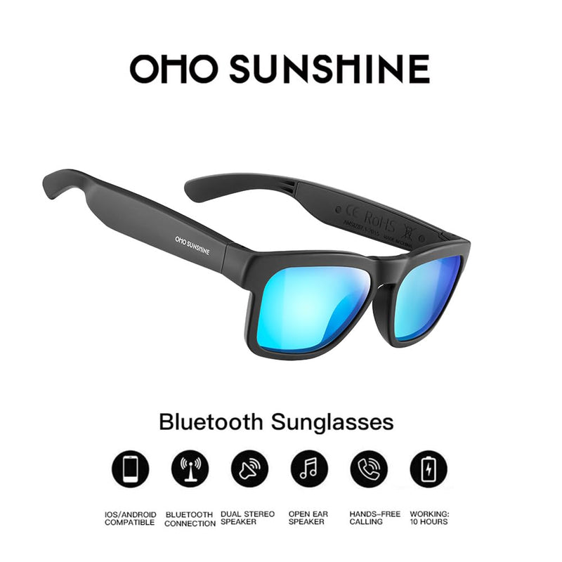 OhO Smart Glasses,Polarized Sunglasses with Bluetooth Speaker,Athletic/Outdoor UV Protection and Voice Control,Unisex(Mirror Blue Lens) Black Frame-blue Lens