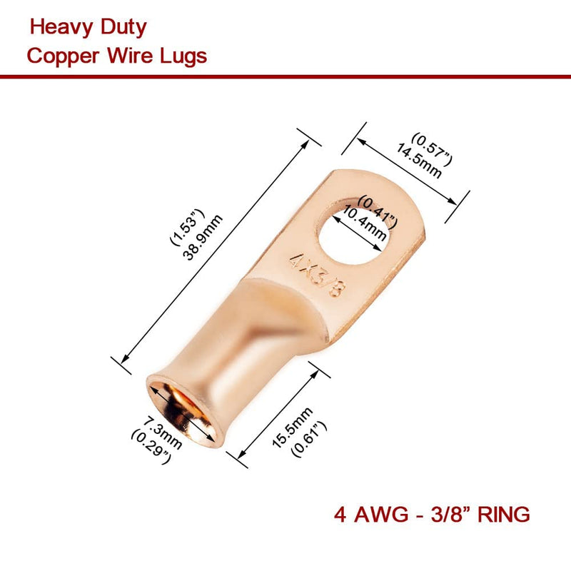 25Pcs 4 AWG 3/8 Heavy Duty Battery Cable Ends 4 Gauge Wire Connectors 4 Gauge Battery Cable Lugs Copper Wire Lugs Copper Ring Terminals Bare Copper Eyelets Tubular Ring Terminal Connectors 4 AWG - 3/8" Ring（25pcs） Gold