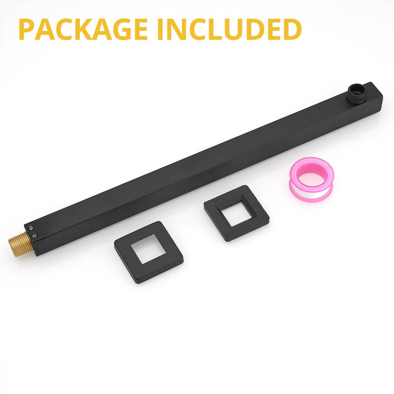 BESy 16 Inches Straight Extended Shower Arm With Flange, Rain Shower Head Extension Arm, Square Shower Rod Shower Head Extender Arm Shower Pipe Extension, Wall-Mounted Matte Black Stainless Steel