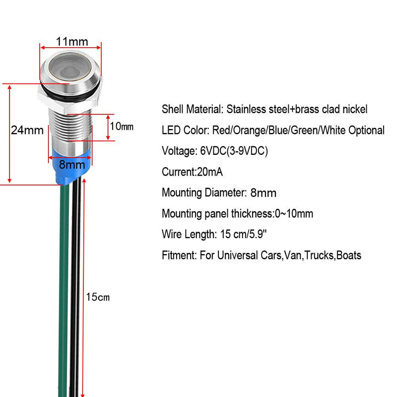 8mm Waterproof Signal Indicator Lamp, 3V-4.5V-5V-6V-7.5V-9VDC Energy Saving LED Metal Indicator Light with Wire(5pcs x White)