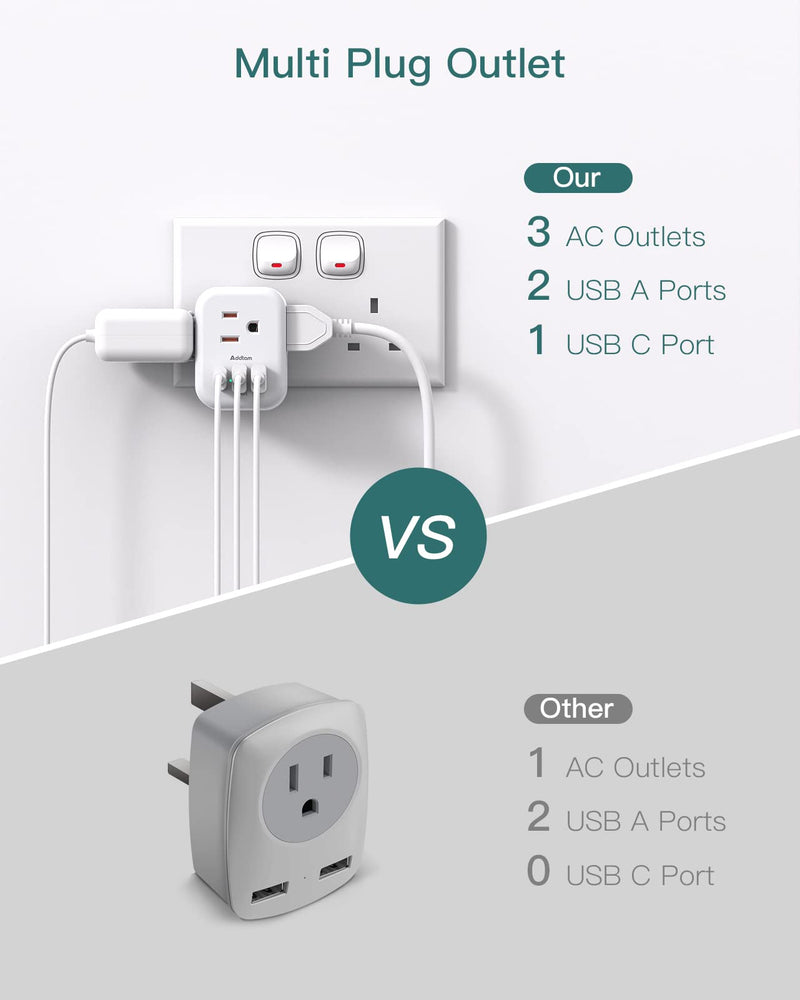 US to UK Ireland Plug Adapter, Addtam Type G Power Adapter with 3 AC Outlets and 3 USB(1 USB C), Travel Essentials for USA to Dubai Scotland British London England Hong Kong Irish Type G UK Ireland - 1 Pack