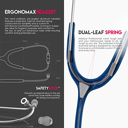 MDF Instruments, Acoustica Lightweight Stethoscope for Doctors, Nurses, Students, Home Health Use, Adult, Dual Head, Navy Blue Tube, Silver Chestpiece-Headset, MDF747XP04 Silver - Navy Blue