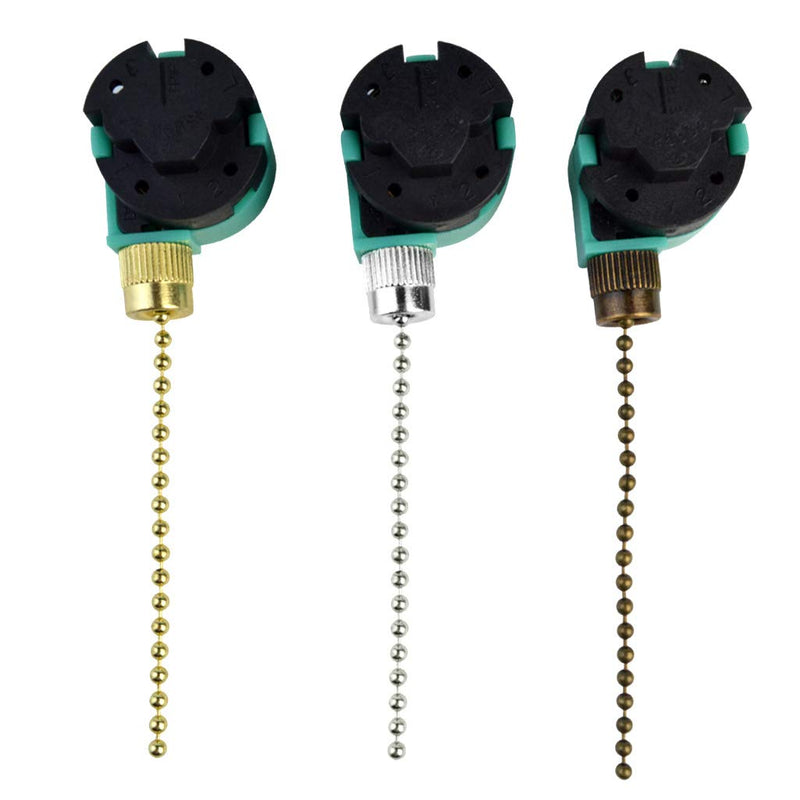 3 Pack Ceiling Fan Switch 3 Speed 4 Wire Zing Ear ZE-268S6 Fan Pull Chain Switch Replacement Speed Control Switch for Ceiling Fan Light, Wall Lamps, Cabinet Light (Multicolored) Brass,Nickel,Bronze