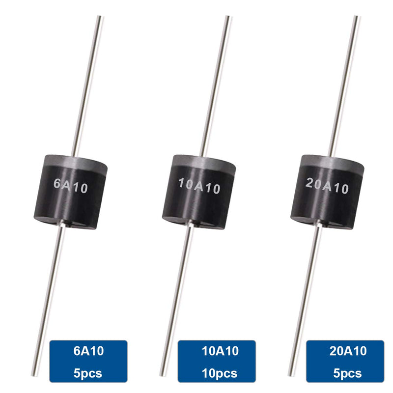 Tnisesm 20 Pcs 6A10, 10A10, 20A10 Rectifier Diode Kit 1000 Volt Electronic Silicon Diodes 6A10-10A10-20A10