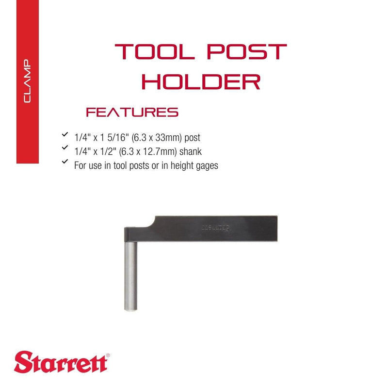 Starrett Tool Post Holder for Use in Tool Posts and Height Gages - 1/4" x 1 5/16" Post and 1/4" x 1/2" Shank - PT11770A