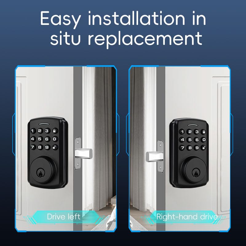 Security Lock Deadbolt, Black Suede Keyed Smart Entry Door Lock with Bluetooth Connected Keypad for Code Entry and Remote Access, DS04-TUYA