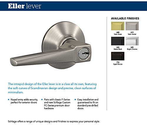 SCHLAGE F51A ELR 619 PLY Eller Lever with Plymouth Trim Keyed Entry Lock, Satin Nickel