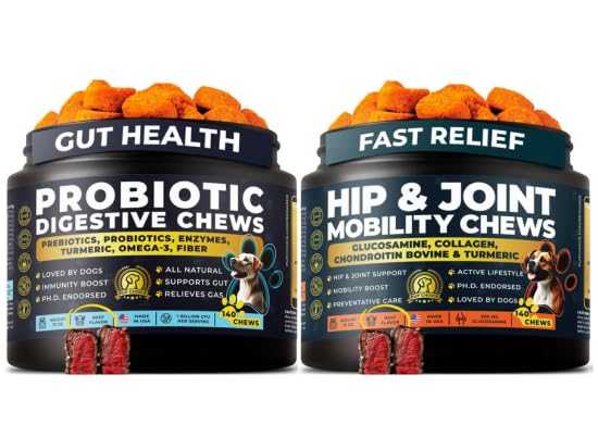 Glucosamine 500 mg Hip & Joint Chews for Dogs — Chondroitin, Collagen, MSM & Turmeric — Bundle with 2‑Billion CFU Multi‑Strain Probiotic Chews — 140 Hip & Joint Chews + 140 Beef Probiotic Chews