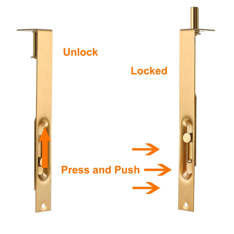 MECCANIXITY Flush Bolt 8" x 0.87" French Door Lock Stainless Steel Concealed Slide Double Door Latch for Wood Composite Double Door Gold, Pack of 2 8" x 0.87"