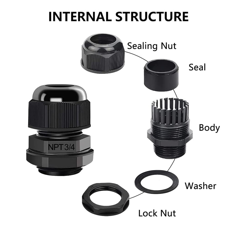 AIRIC 3/4" NPT Cable Glands Nylon PA66, IP68 Waterproof Adjustable Power Strain Relief Cord Grips, Junction Box Wire Gland Grip Connectors with Gaskets and Locknut, Black 6 Pcs NPT 3/4" 6pcs