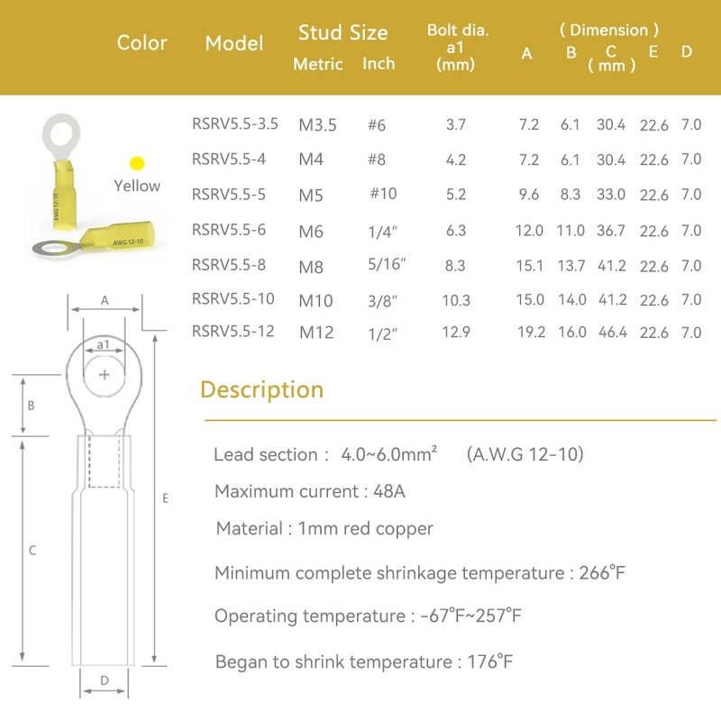 HKS 50 PCS Ring Terminals #8 Yellow 12-10 AWG - M4 - Electrical Connectors - Heat Shrink Wire Connector Kit - Tinned Red Copper - Automotive Marine Ring Connectors - Waterproof and Insulated Yellow 12-10 Gauge #8 (M4)