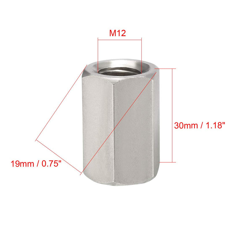uxcell M12 X 1.75-Pitch 30mm Length 304 Stainless Steel Metric Hex Coupling Nut, 2 Pcs M12x30mm