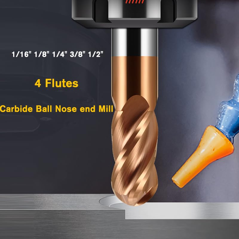 3/8" Carbide Ball Nose end Mill Bits - 3/8" Shank Dia,2-1/2'' Oal - 4 Flutes TISIN Coated - for Alloy Steels, Hardened Steels 3/8 in 1