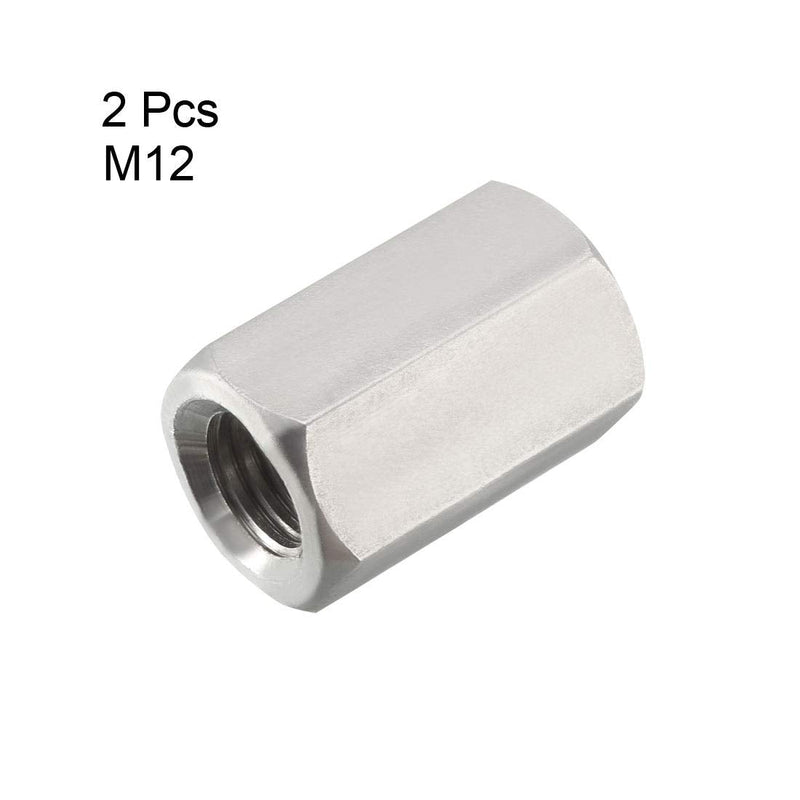 uxcell M12 X 1.75-Pitch 30mm Length 304 Stainless Steel Metric Hex Coupling Nut, 2 Pcs M12x30mm